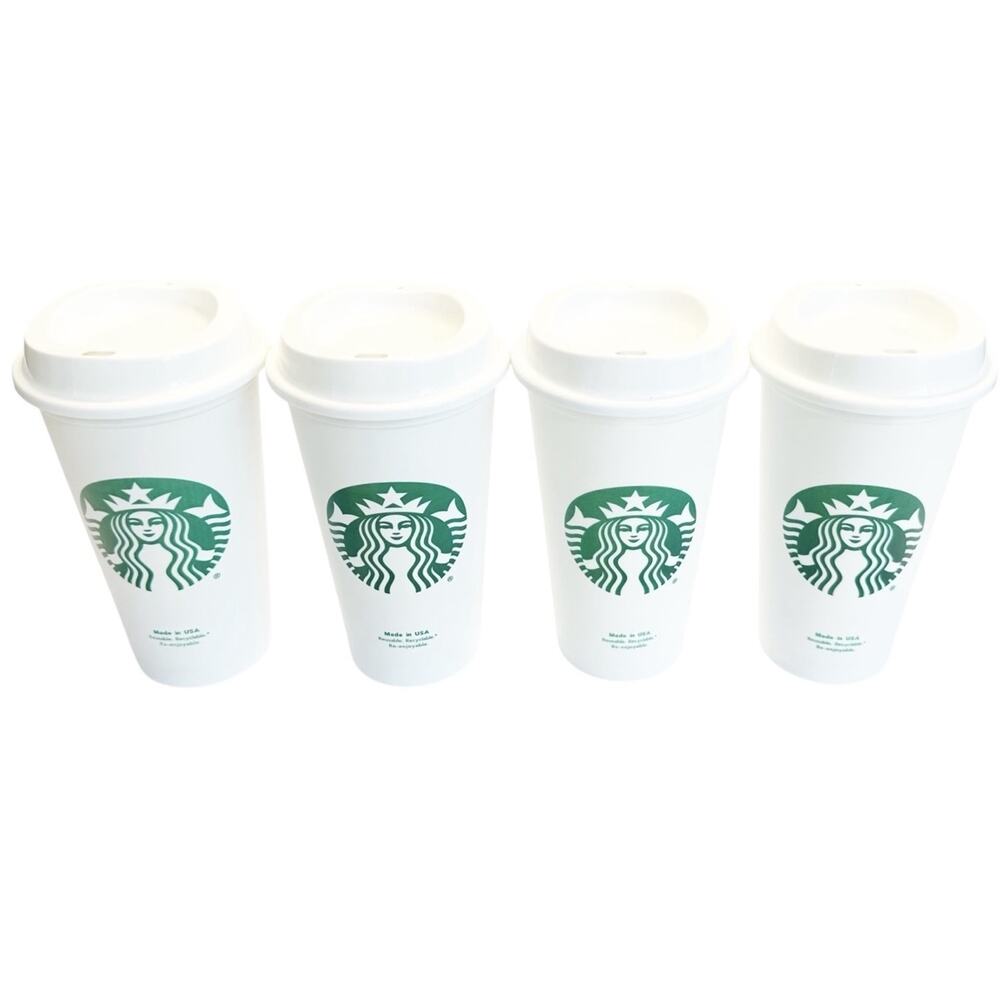 Starbucks Coffee Set of 4 White Green Siren Logo Reusable Hot Cold Travel Cups